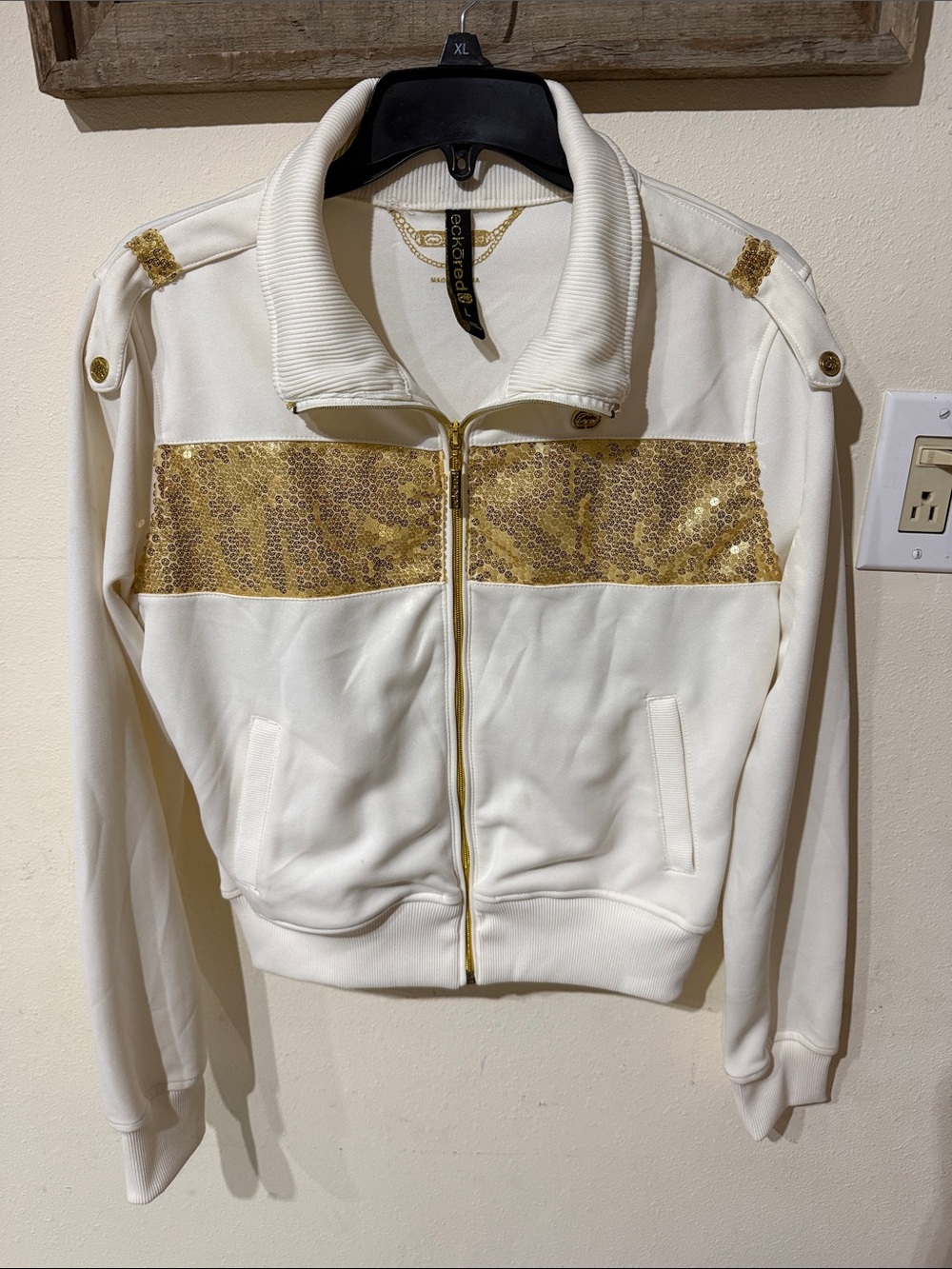 Eckored Y2K White Gold Sequin Track Jacket Women’s Large Full Zip
